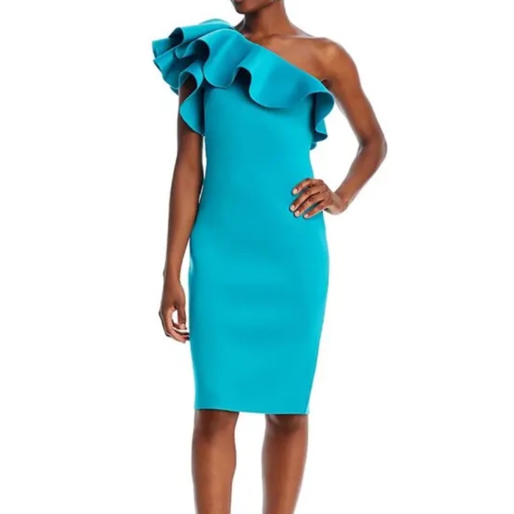 New ELIZA J One Shoulder Ruffled Scuba Dress in Jade Size 14